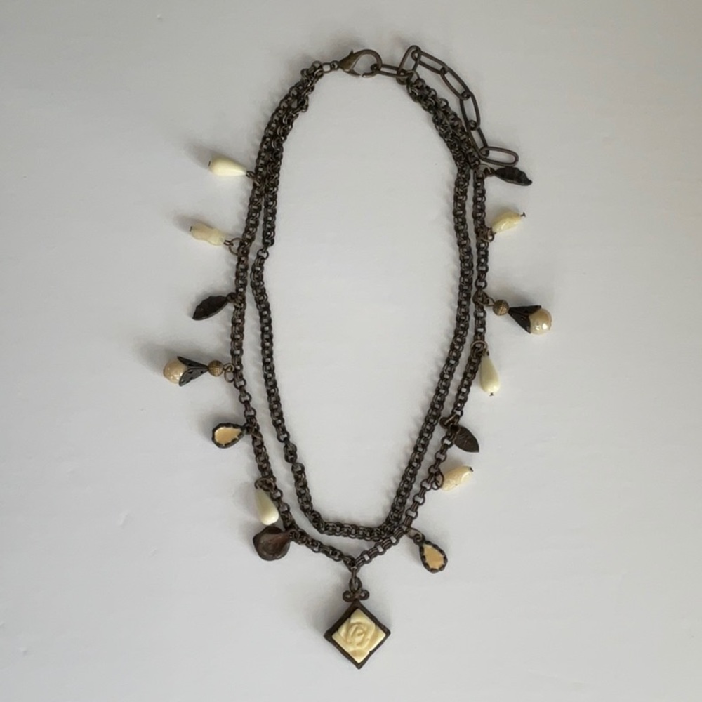 Necklace Antiqued Metal Carved Rosette Ivory Beads